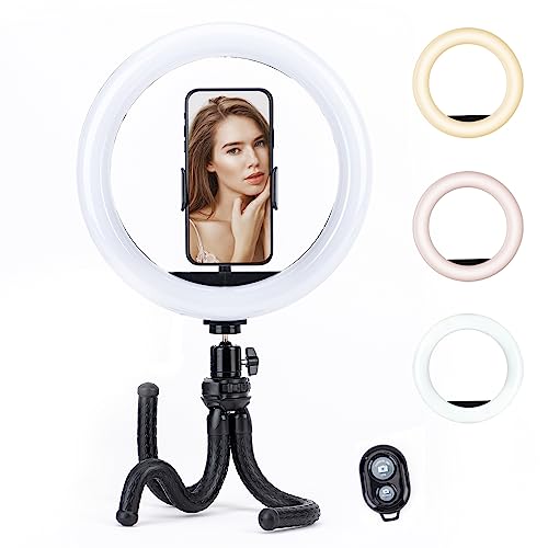 Fotopro Ringlicht mit Stativ, 10 Zoll LED Selfie Ringlicht mit Bluetooth-Fernbedienung Telefonhalter, 3 Farben 10 einstellbare Helligkeit für Selfie, Makeup, YouTube, Tik Tok Live