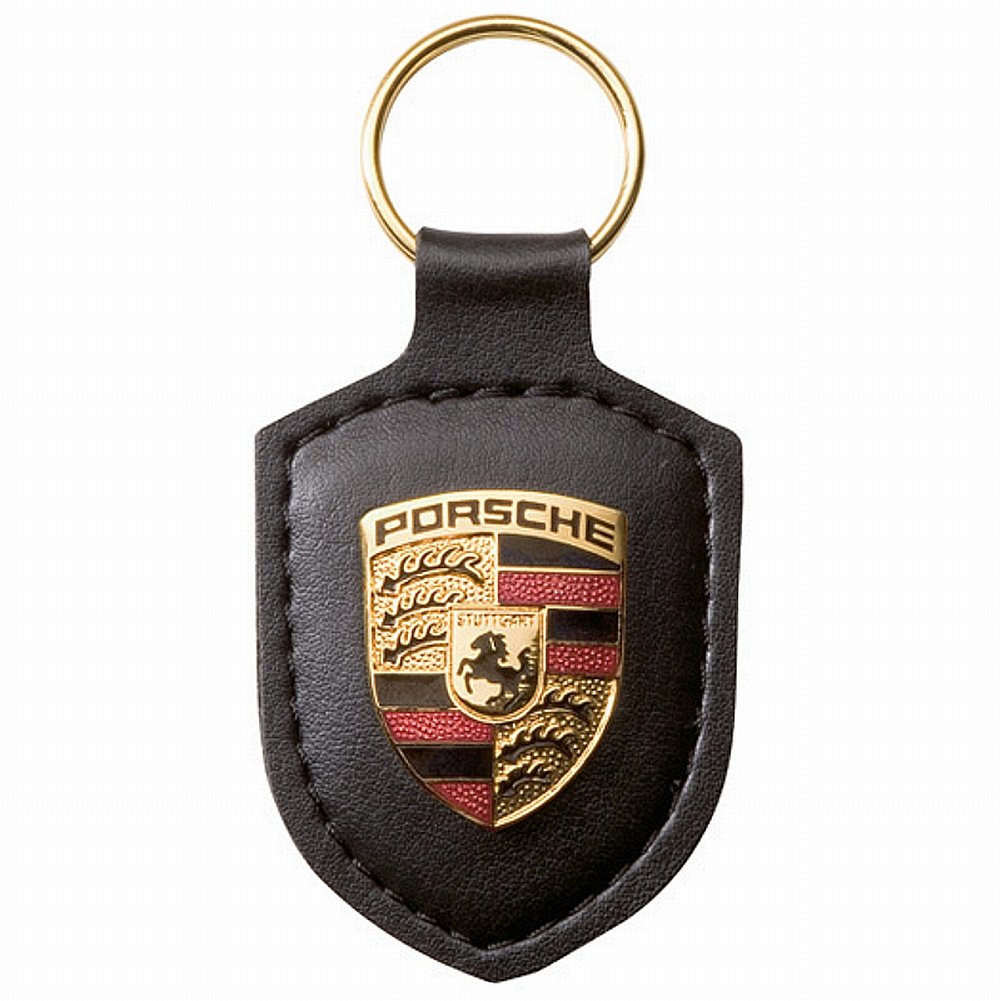 Porsche Original-Schlüsselanhänger, schwarzes Leder mit Metall, buntes Wappen in silberfarbener Porsche-Geschenkbox