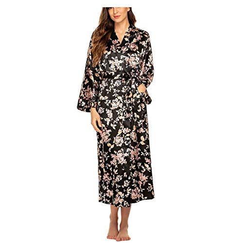 Damen Morgenmantel Seide Robe V-Ausschnitt Kimono Lose Nachtwäsche Print Bademantel Nachtwäsche Damen Hausmantel Roben Nachthemd 002-XL