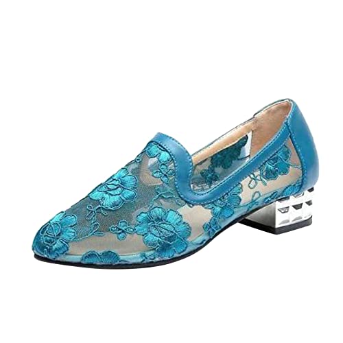 Simen Schuhe Damen Stiefel Mode High Heels Retro Tüll Chunky Short Zipper Atmungsaktive Damenschuhe Damen Freizeitschuhe Leoparden Schuhe Damen Slipper (Blue, 37)