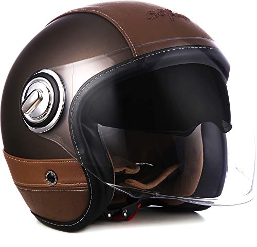 SOXON® SP-888 Pro „Urban Bronze“ · Jet-Helm · Motorrad-Helm Roller-Helm Scooter-Helm Moped Mofa-Helm Chopper · ECE 22.05 Sonnenvisier Leather-Design Schnellverschluss SlimShell Tasche M (57-58cm)