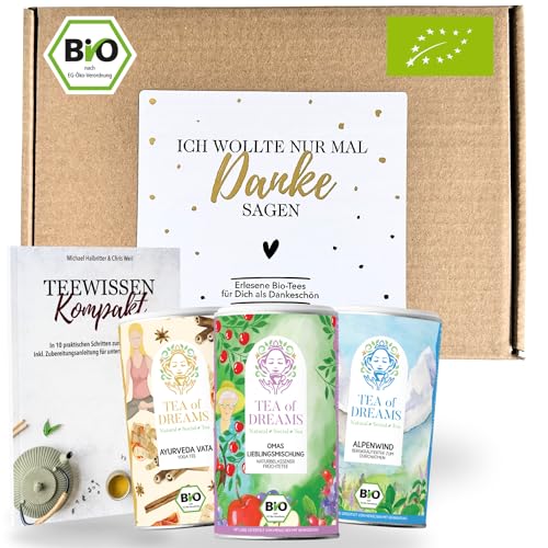 Tee Geschenkset 'Danke' – 3 Bio-Tees & 48-seitiges Magazin 'Teewissen Kompakt' – Einzigartiges Dankeschön Geschenk für Tee-Liebhaber