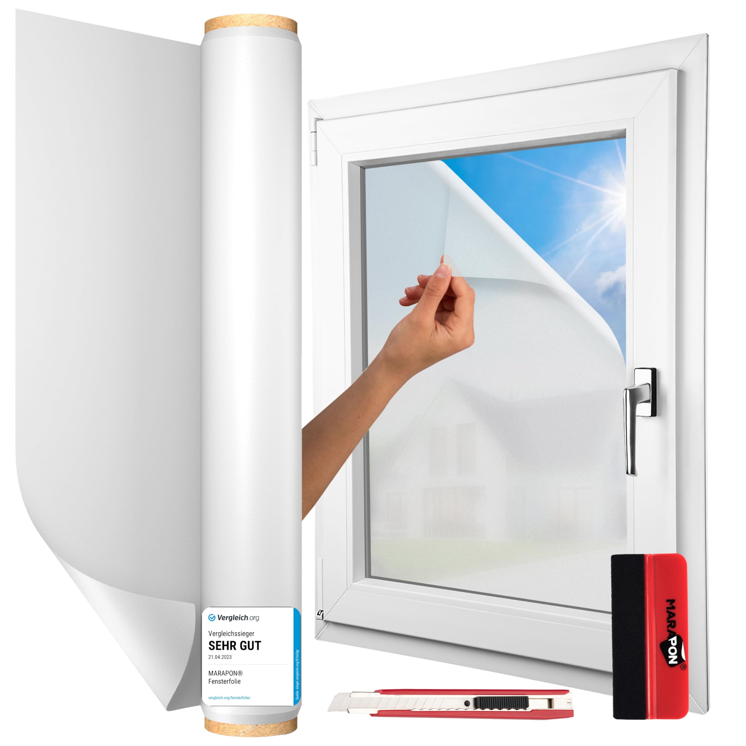 MARAPON® Fensterfolie Blickdicht selbsthaftend [60x400 cm] - inkl. Rakel und Cuttermesser - Sichtschutzfolie für Fenster - Milchglasfolie All-in-One Lösung | statisch