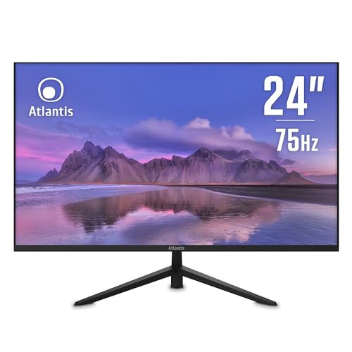 ATLANTIS 24-Zoll-Monitor, 24" VA 75Hz Bildschirm, Full HD 1920x1080, VGA HDMI, FreeSync, Audio/Headset-Ausgang, neigbar, 2ms Reaktionszeit, Kontrast 4000:1, 178/178 Winkel, HDMI-Kabel 1,5m