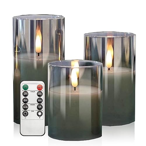 Led Kerzen mit Timerfunktion, Graue Glas flammenlose Kerzen Flackern mit Fernbedienung, Realistische Warme Lichtkerze, Bad Deko, Deko Wohnzimmer, Tischdeko Wohnzimmer, Set von 3