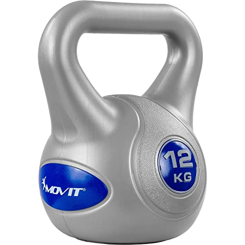 Movit Kettlebell STYLISH, Kugelhantel mit bodenschonender Kunststoffummantelung, 12 kg grau/dunkelblau, schadstoffgeprüft, Schwunghantel Kugelgewicht