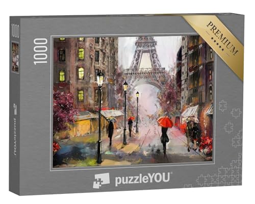 puzzleYOU: Puzzle 1000 Teile „Ölgemälde mit Straßenansicht von Paris: Eiffelturm und Menschen mit Regenschirm“