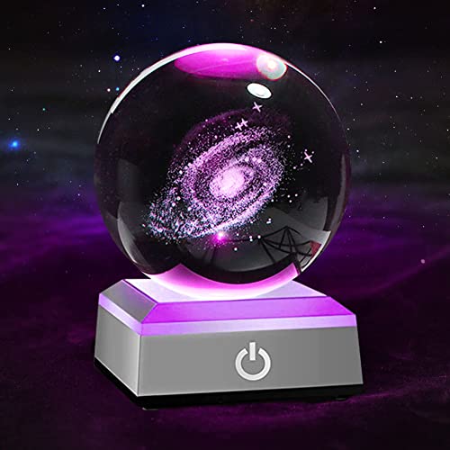 Soekodu Kristallkugel 3D Sonnensystem/Milchstraße 8cm/6cm Planeten Modell Globus LED Leuchtsockel Home Dekoration Ornament Astronomie Weihnachten Pädagogische Geschenke (Milchstraße Silberbasis,8cm)