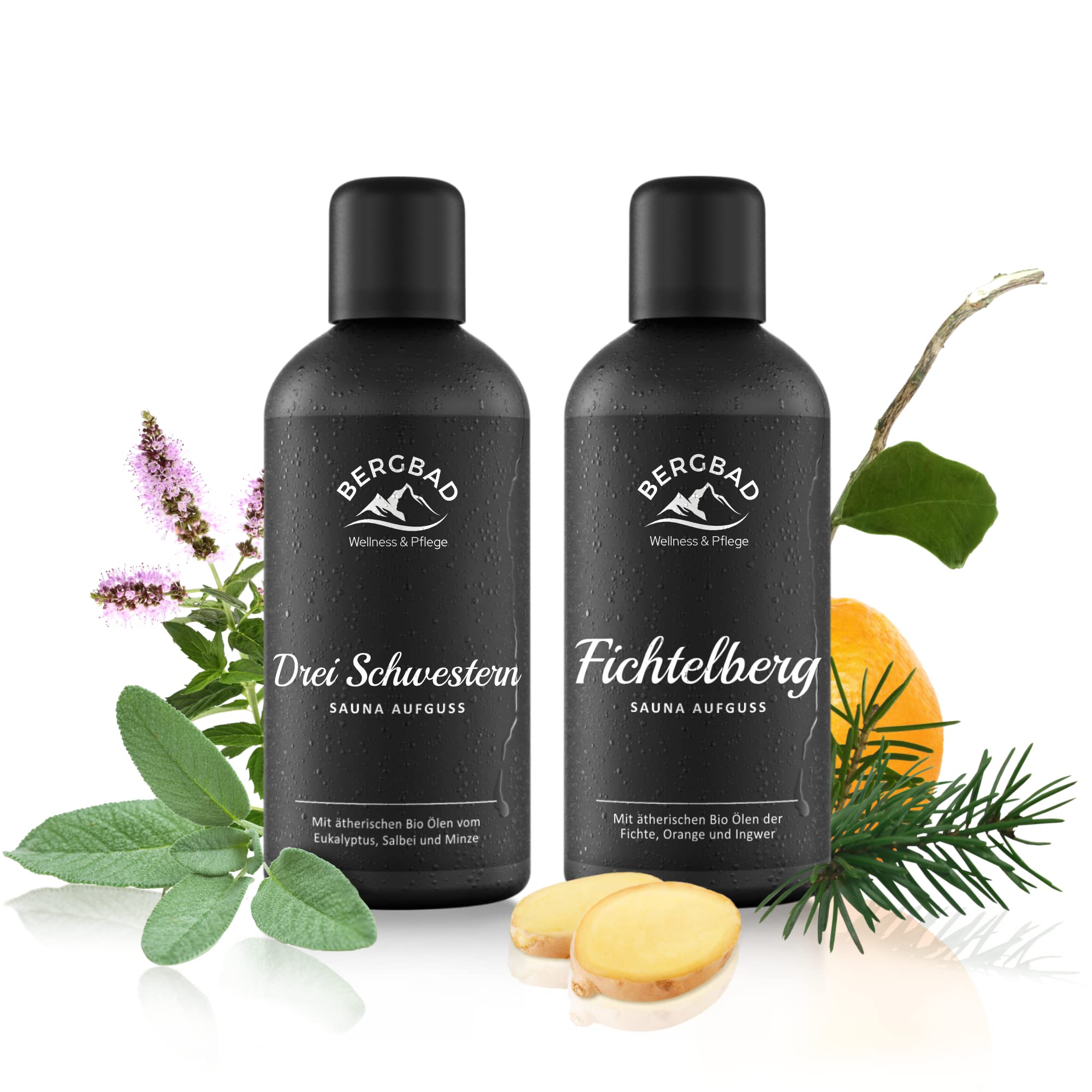 BERGBAD 2 x 100ml WINTER SPA Set BIO Saunaaufguss Fichte + Orange + Ingwer und Eukalyptus + Salbei + Minze - wohltuendes, erfrischendes Sauna-Aufgussmittel mit Bio-Alkohol, Wasser und 100% BIO Ölen