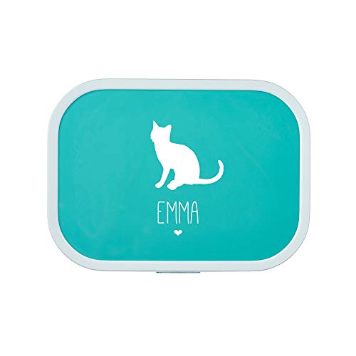 4you Design Brotdose Katze Silhouette mit Namen | Mepal Campus + Bento Box & Gabel - Schule - Kindergarten - Lunchbox - 6 Farben (Türkis)