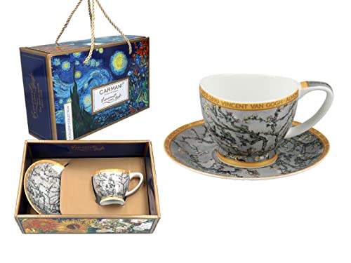 CARMANI - Espressotasse und Untertasse aus Keramik mit Vincent Van Gogh, Mandelblüten, 100 ml