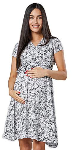 Happy Mama.Damen 2in1 Umstands gerafften Stillkleid Doppelschicht Kurzarm.598p (Weiß mit schwarzen Blumen, 36, S)