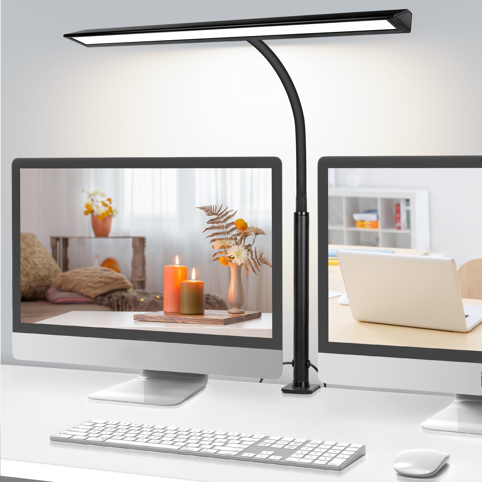 Qooltek Dimmbar LED Schreibtischlampe 5 Farbmodi Monitor Lampe, Klemmbar Schwanenhals Tischlampe mit Zeitschaltuhr 24W Augenschutz Leselampe füR BüRo schwarz (Inklusive Adapter)