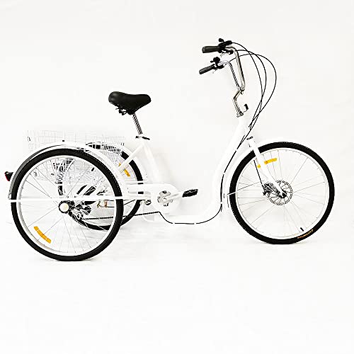 FUROMG 26 Zoll 3 Räder Dreirad für Erwachsene mit Einkaufskorb 6 Gäng Fahrrad Trike Behindertenrad mit Einkaufskorb Weiß
