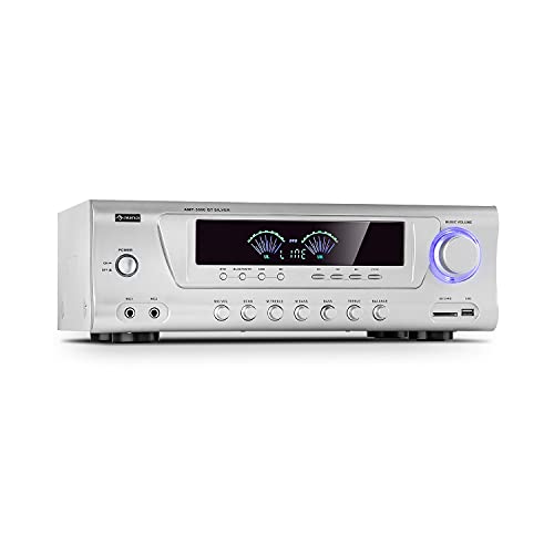 auna AMP 3800 BT 5.0 - Amplifier HiFi-Verstärker, 2 x 120 Watt + 3 x 50 Watt RMS, Bluetooth-Funktion, USB-Port, SD-Slot, 2 Mikrofon-Anschlüsse, DVD-Stereo-In, Stereo-Line-Out, Silber