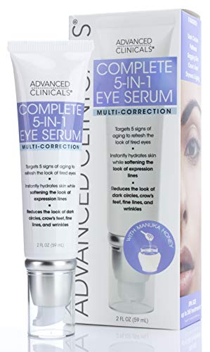 Advanced Clinicals 5-in-1 Multi Correction Anti-Aging Eye Serum with Retinol, Collagen, Vitamin C, and Manuka Honey. For dark circles, wrinkles, crow's feet, fine lines. Large 2oz airless tube.