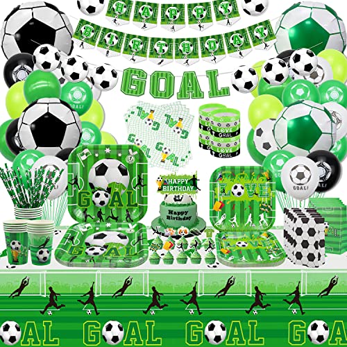 Fußball-Geburtstag Party Supplies - einschließlich HAPPY BIRTHDAY Banner, Fußball Gunst Taschen, Fußball-Silikon-Armbänder, Teller, Tassen, Servietten, Tischdecke, Luftballons - serviert 20