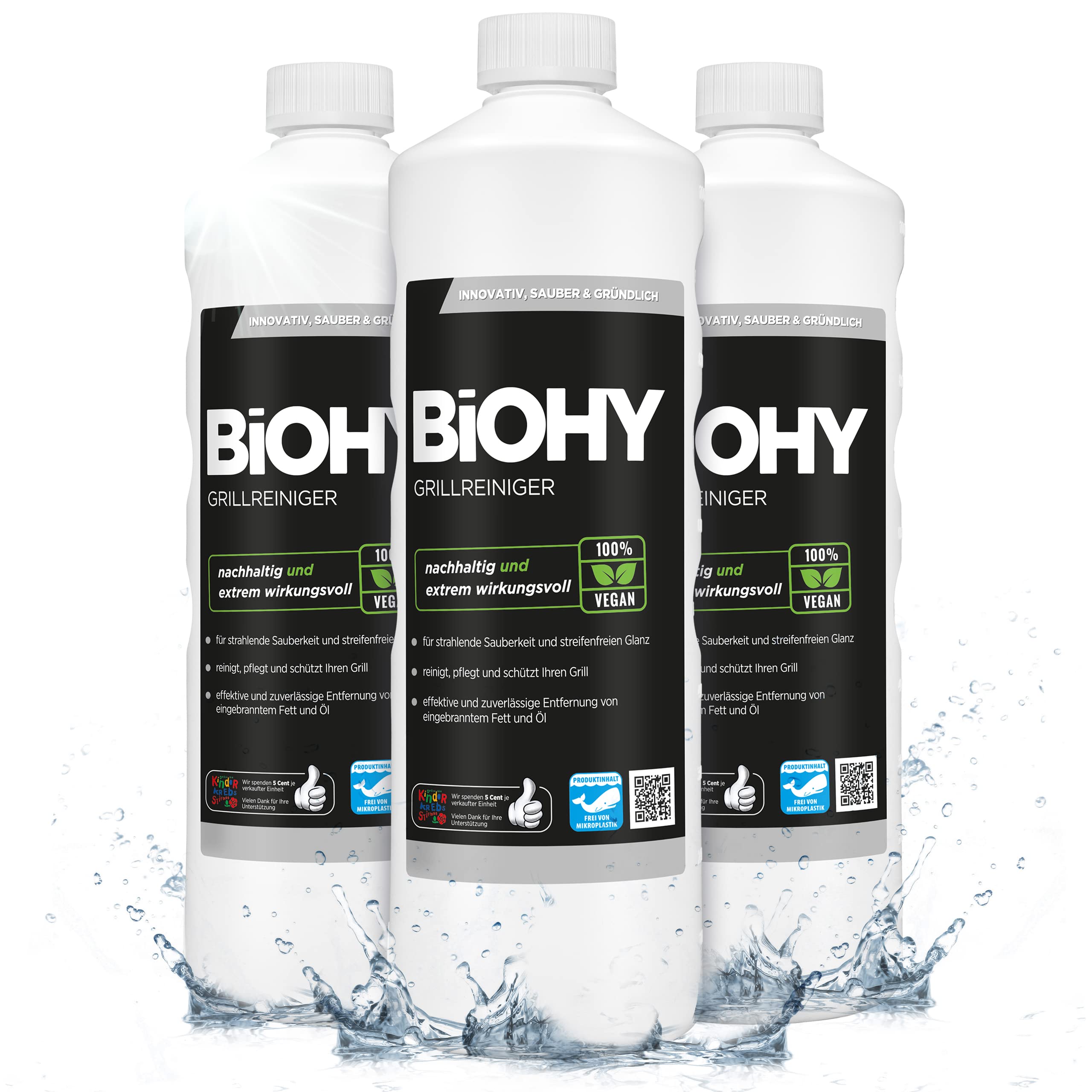BiOHY Grillreiniger (3 x 1 Liter) | Reiniger für Holzkohle-, Gas- und Elektrogrill | Hocheffektiv gegen angebranntes Fett und Öl | Pflegt und schont das Material | Veganes Bio Konzentrat