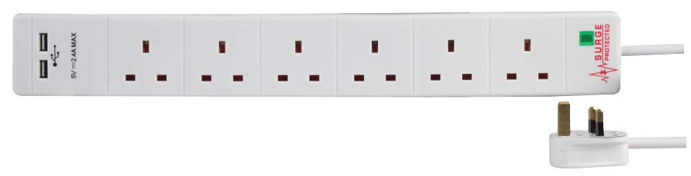Pro Elec 6-Stecker-2-USB-überspannungsgeschütztes Verlängerungskabel, 3 m, Weiß