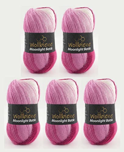 Wollbiene Moonlight Batik 5 x 100g Strickwolle 500 Gramm Wolle zum Stricken und Häkeln 20% Wolle türkische Wolle Farbverlaufswolle Strickwolle (5300 beere weiß)