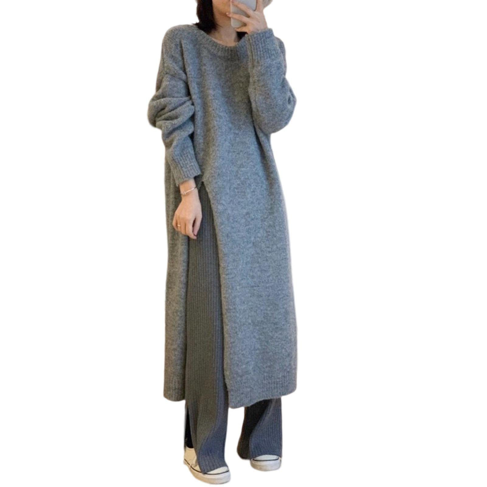 Suzanne Strickpullover Chic Anti-Frostschutz Herbst Winter Side Split Midi Sweater Kleid Grau Einheitsgröße