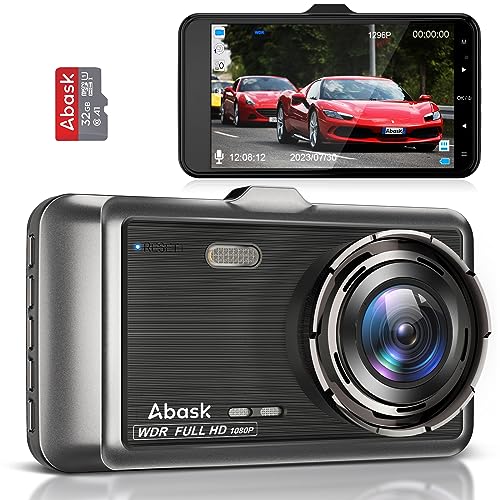 Abask Dashcam Auto Vorne Autokamera 1080P mit 32 GB SD-Karte, 4 Zoll Bildschirm, 310° Weitwinkelansicht, Dash Cam mit Parküberwachung, Bewegungserkennung, G-Sensor, Loop-Aufnahm, WDR, Akku