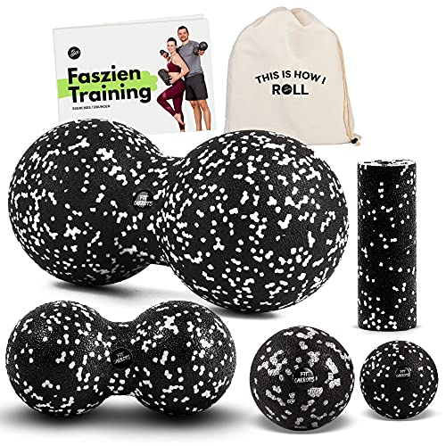 Duoball 8 cm und 12 cm - Twinball - Faszienball 8 cm und 6cm - Mini Faszienrolle für Faszientraining, Selbstmassage Triggerpunkttherapie von Nacken, Rücken, Armen und Waden inkl. Startguide - Schwarz