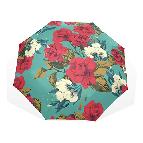 ISAOA Automatischer Reise-Regenschirm,kompakt,faltbar,Schöne Rosenblume,Winddicht Stockschirm,Ultraleicht,UV-Schutz,Regenschirm für Damen,Herren und Kinder