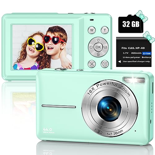 Digitalkamera, FHD 1080P 44MP Fotokamera Kompaktkamera mit 32GB Micro SD-Karte, Mini Digitalkameras, Wiederaufladbare Digital Kamera mit 16X Digitalzoom für Kinder, Erwachsene(Grün)