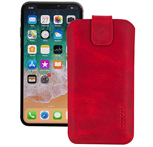 Suncase ECHT Leder Tasche kompatibel mit iPhone 12 Pro (6.1") mit ZUSÄTZLICHER Transparent Hülle | Schale | Silikon Bumper Handytasche (mit Rückzugsfunktion und Magnetverschluss) in antik rot