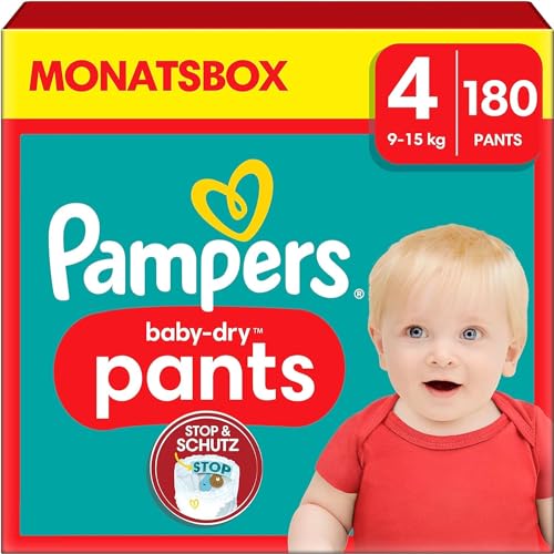 Pampers Baby-Dry Pants Größe 4, 180 Windeln, 9kg - 15kg, Mit Stop und Schutz Täschchen, Das Hilft, Auslaufen Am Rücken Zu Verhindern