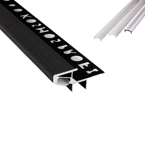 T-40 20° LED Alu Fliesenprofil Treppenprofil Stufen 12mm schwarz + Abdeckung Abschlussleiste Fliesen für LED-Streifen-Strip 2m opal