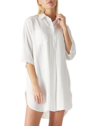 Amazon Brand - find. Lässiges Damen-Blusenkleid in Übergröße mit 3/4-Arm V-Ausschnitt und Knopf locker sitzendes langes Blusenoberteil Weiß, Size S
