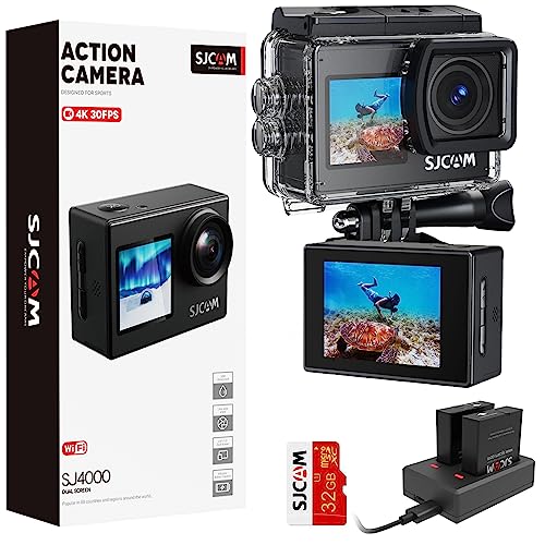 SJCAM Upgraded SJ4000 Action Kamera 4K Ultra HD Dual Screen Unterwasserkamera 98FT Wasserdicht, 170° Weitwinkel, Stabilisierung, 5X Zoom, WiFi Kamera mit extra Akku, SD Karte, Helm Zubehör Kit