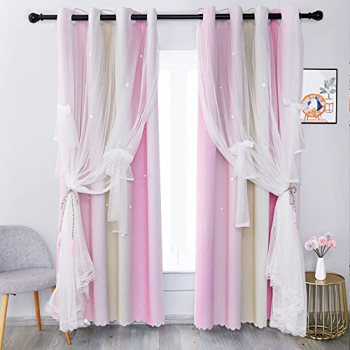 MINGPINHUIUS Star Curtain Blackout Curtains for Kids Girls Bedroom Living Room Double Layer Stars Curtains Elegant Drapes Star Window Curtain with Net Sheers, 2 Panels (Pink Yellow, 52" W x 83" L)
