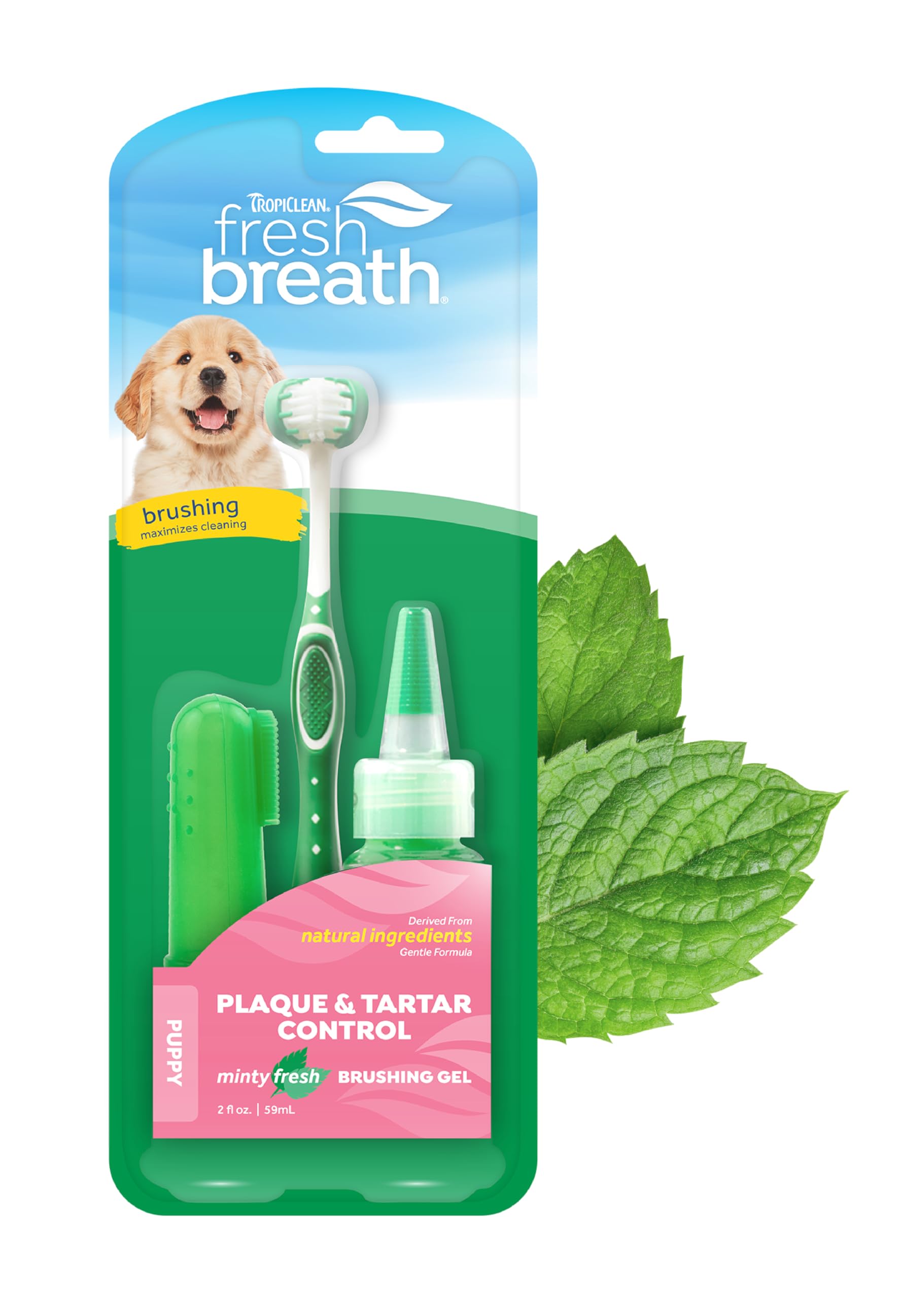 TropiClean Fresh Breath Mundpflegeset für Welpen - Entfernt Plaque und Zahnstein - Enthält TripleFlex Zahnbürste, Fingerbürste für empfindliches Zahnfleisch und Bürstengel - 59 ml