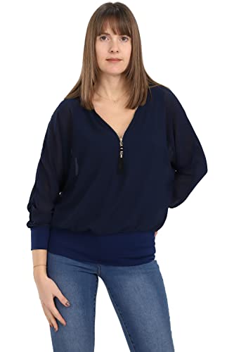 Malito Damen Bluse im Fledermaus Look | Tunika mit Zipper | Kurzarm Blusenshirt mit breitem Bund | Elegant - Shirt 6297 (dunkelblau)