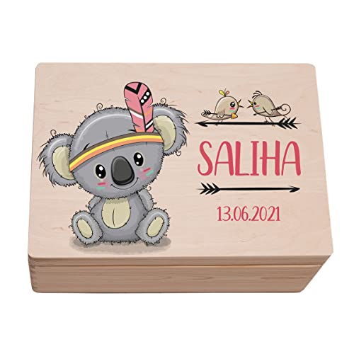 Hochzeitideal - Personalisierte Erinnerungskiste - Holzkiste Koala Mädchen - Aufbewahrungskiste - Geschenkt Geburt - Erinnerungsbox Baby Taufe - Holzkiste für Kinder (M (30x20x14 cm))