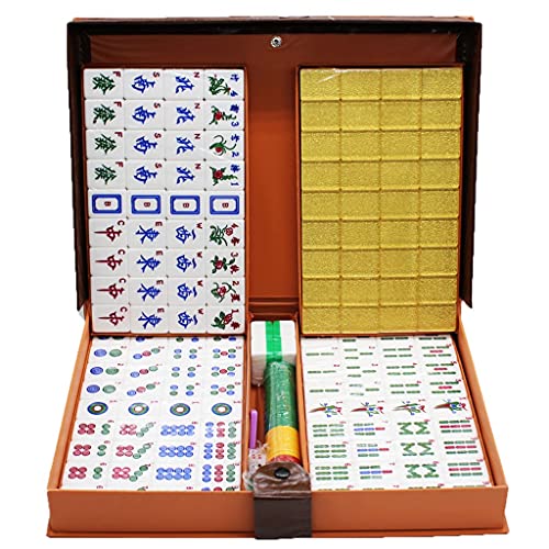Suuim Mahjong-Set, MahJongg-Fliesen-Set, chinesisches Mahjong-Set, tragbar, 144 Fliesen, Acrylmaterial, Mah-Jongg mit Mini-Mahjong-Tisch, Reisen, Familie, Freizeit, Chi