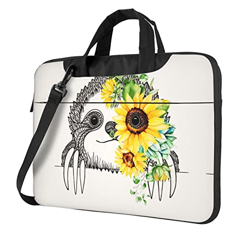 Laptop-Schultertasche mit Faultier-Sonnenblumen-Motiv, für Laptop und Tablet, Schwarz , 14 inch
