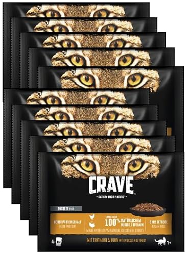 CRAVE Katze Portionsbeutel Multipack Katzenfutter Nassfutter (10x4x 85g, Huhn & Truthahn)