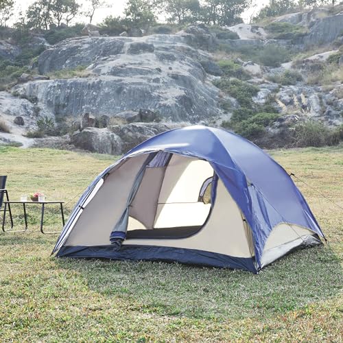 pro.tec Campingzelt Bergeijk Kuppelzelt Outdoorzelt Familienzelt wasserdicht & Winddicht leichtes Zelt mit Abnehmbarer Außenplane 213x213x130cm Blau/Beige