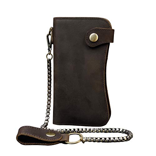 Echtes Leder Lange Brieftasche mit Reißverschluss Tasche Vintage Bifold Scheckheft Geldbörse(Chain Wallet)