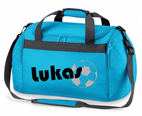 Sporttasche mit Namen | inkl. NAMENSDRUCK | Motiv Fußball | Personalisieren & Bedrucken | Reisetasche Jungen Ball Sport-Verein | blau schwarz (türkis)