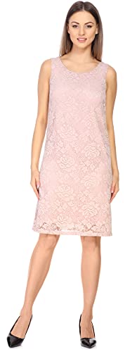 Bellivalini Damen Kleid Knielang Spitzenkleid festlich Sommerkleid ohne Ärmel Rose Muster Rundhals BLV50-260 (Pulver Rosa, XL)