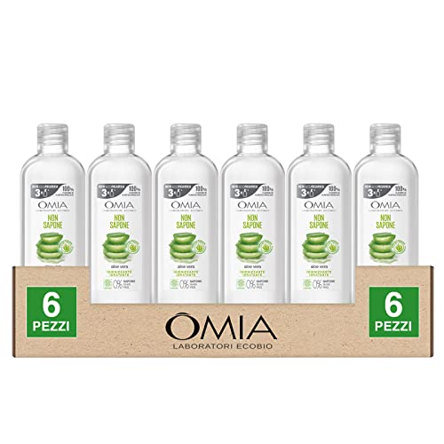 Omia Non-Seife für Gesicht, Hände und Körper, desinfizierend und feuchtigkeitsspendend, ideal für trockene und empfindliche Haut mit Aloe del Salento ohne SLES PEG – 6 Flaschen mit 750 ml