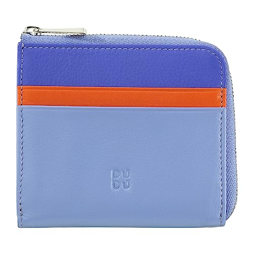 DuDu Herren-Brieftasche aus Leder mit Reißverschluss, Damen-Brieftasche, klein und kompakt. Außenreißverschluss, Münzfach und Kartenfächer Pastellblau
