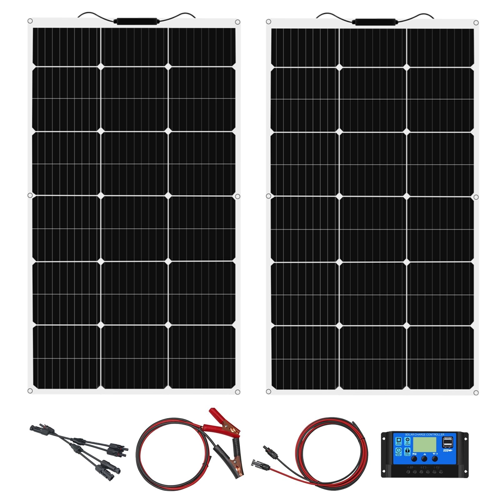 200W 12V Flexible Solarpanel Kit 2 stücke 100w Monocrystalline Off Grid Modul 20A Solar Laderegler für Auto, RV, Boot, Wohnwagen, Hause Dach 12v Outdoor Solar Ladegerät(200W solarpanel kit)