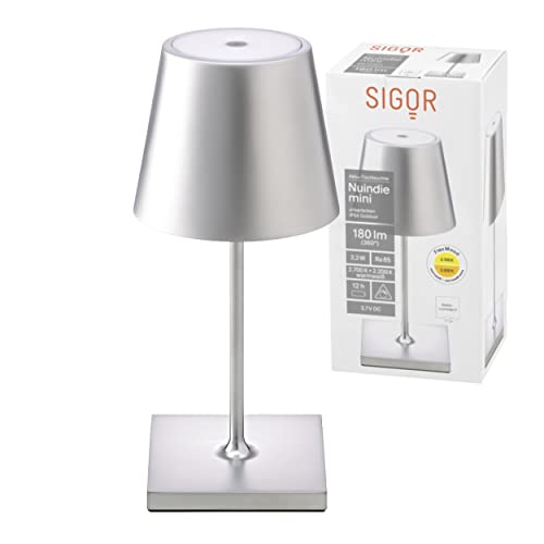 SIGOR Nuindie Mini - Dimmbare LED Akku-Tischlampe Indoor & Outdoor, Höhe 25 cm, aufladbar mit Easy-Connect, 24h Leuchtdauer, Silber