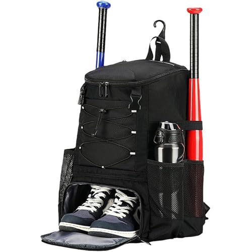UCK-KIT Jugend-Baseballtasche, Taschenrückseite für 4 Schläger mit Zaunhaken, Baseballtasche mit großem Fassungsvermögen und Schuhfach,Schwarz